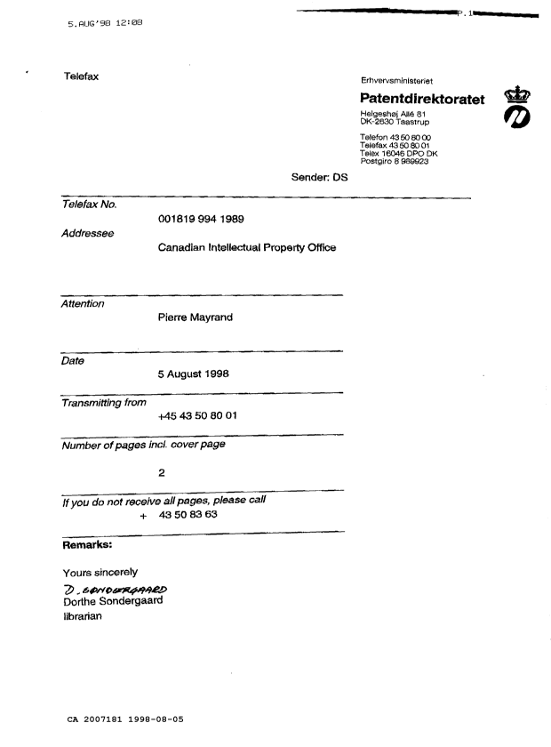Canadian Patent Document 2007181. PCT Correspondence 19980805. Image 1 of 2