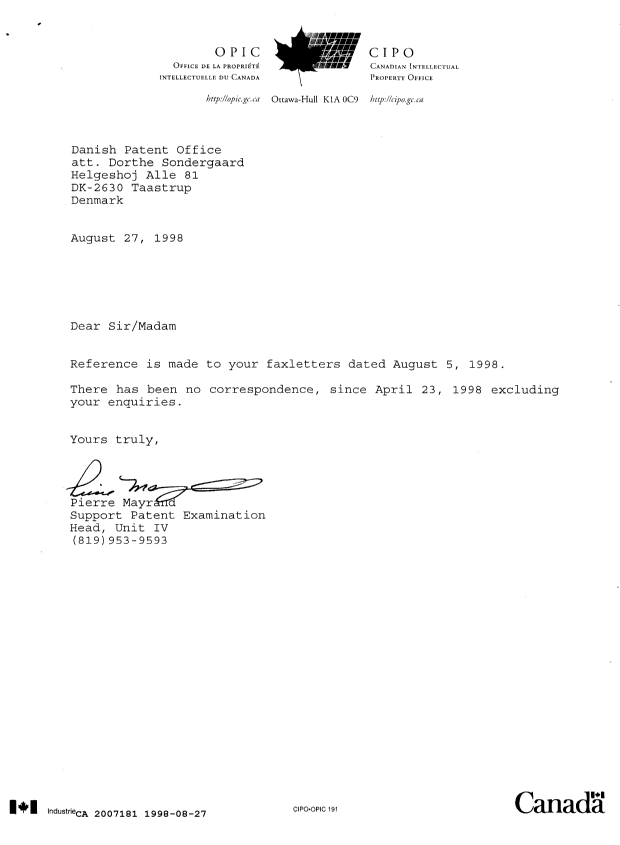 Canadian Patent Document 2007181. Office Letter 19980827. Image 1 of 1