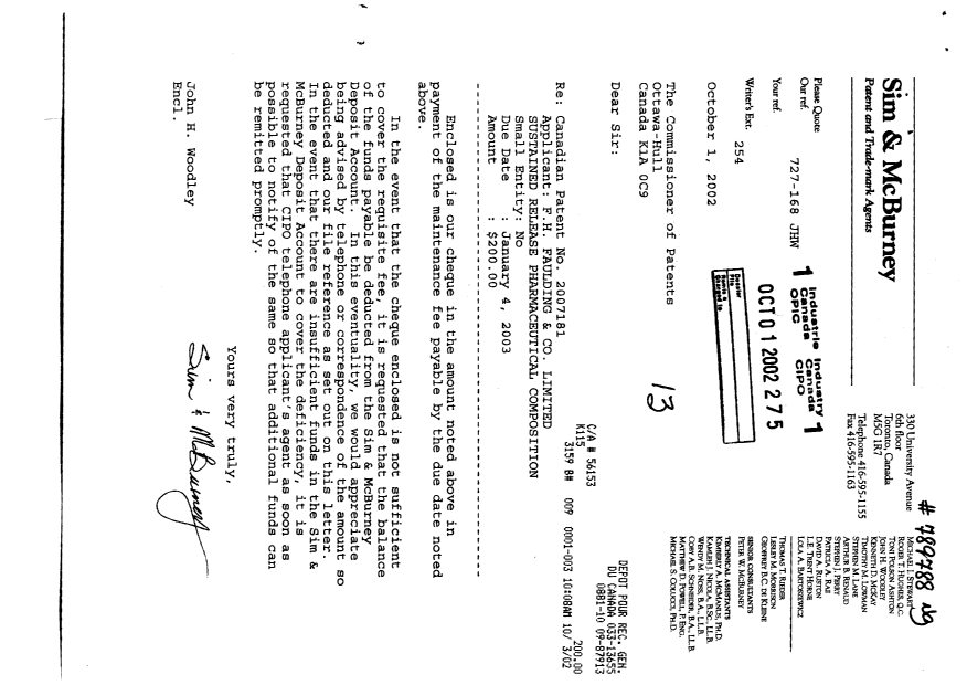 Canadian Patent Document 2007181. Fees 20021001. Image 1 of 1