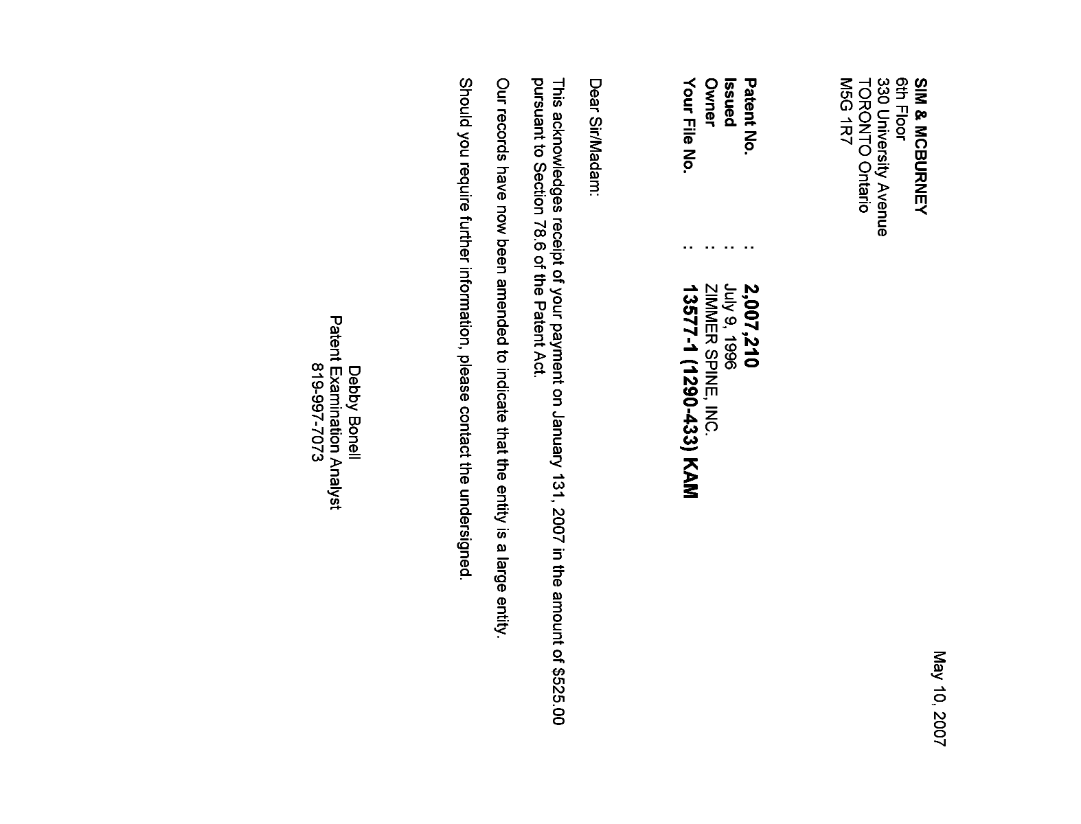 Canadian Patent Document 2007210. Correspondence 20070510. Image 1 of 1