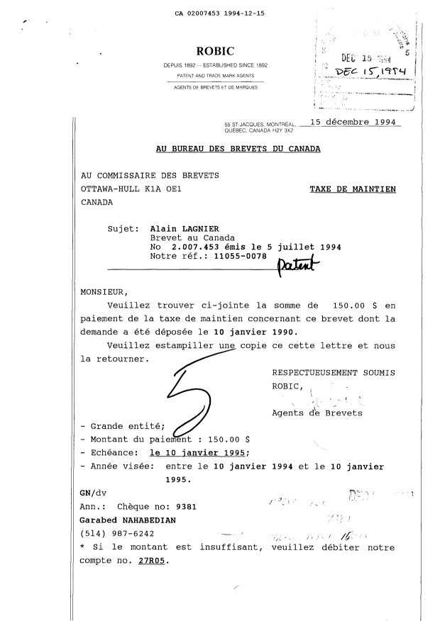 Document de brevet canadien 2007453. Taxes 19941215. Image 1 de 1