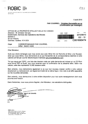 Document de brevet canadien 2007453. Correspondance 20100810. Image 1 de 1