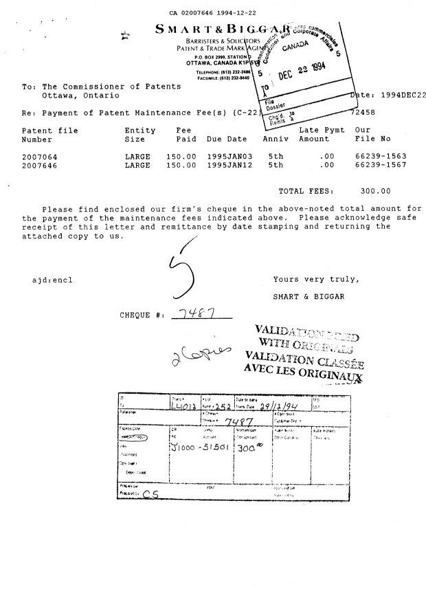 Document de brevet canadien 2007646. Taxes 19941222. Image 1 de 1