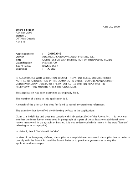 Document de brevet canadien 2007646. Poursuite-Amendment 19990420. Image 1 de 2