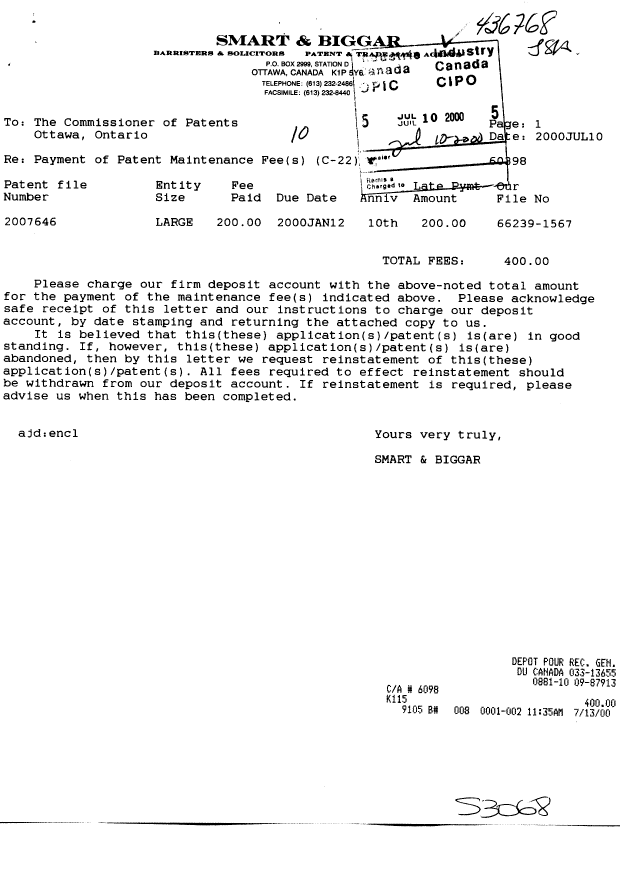 Document de brevet canadien 2007646. Taxes 20000710. Image 1 de 2
