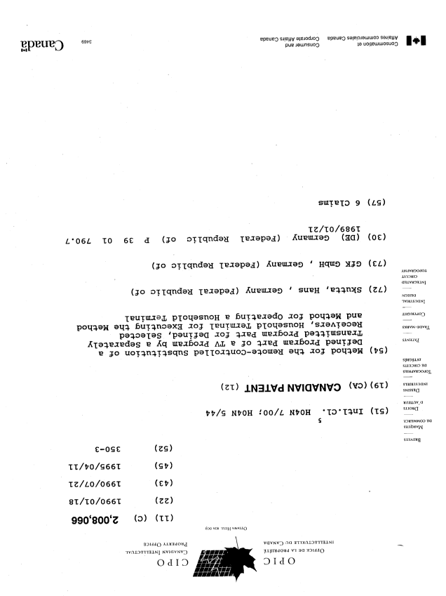 Canadian Patent Document 2008066. Cover Page 19950411. Image 1 of 1