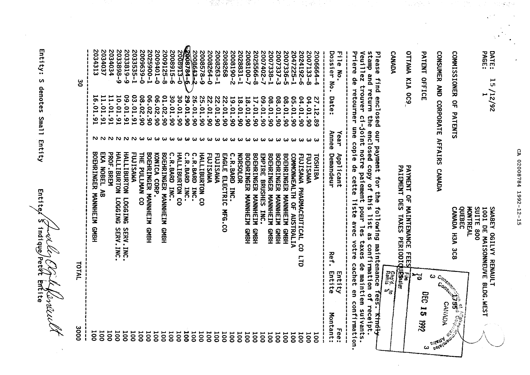 Canadian Patent Document 2008784. Fees 19921215. Image 1 of 1