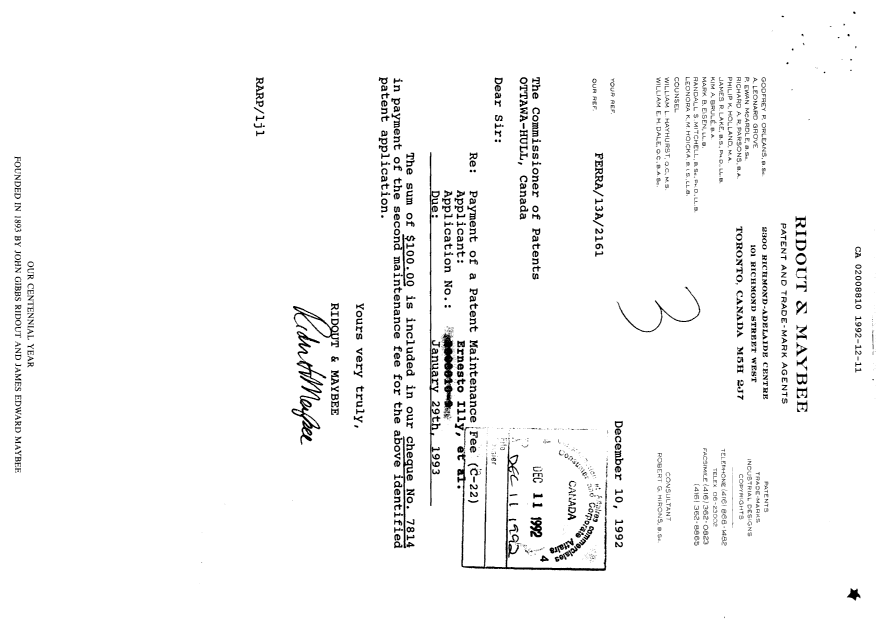 Document de brevet canadien 2008810. Taxes 19921211. Image 1 de 1