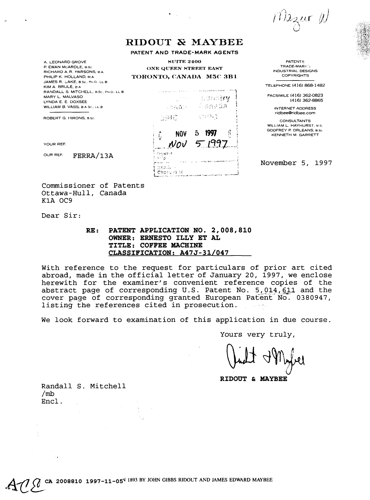 Document de brevet canadien 2008810. Correspondance de la poursuite 19971105. Image 1 de 1