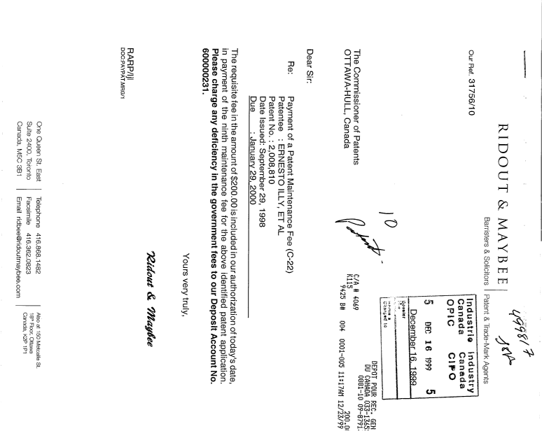 Document de brevet canadien 2008810. Taxes 19991216. Image 1 de 1