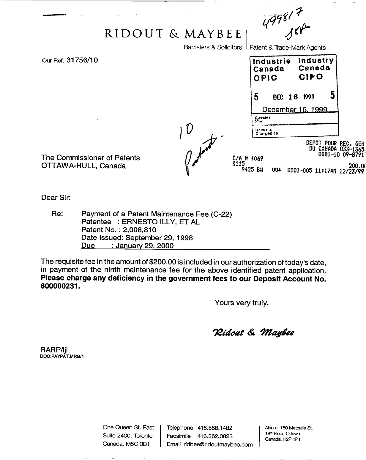 Document de brevet canadien 2008810. Taxes 19991216. Image 1 de 1