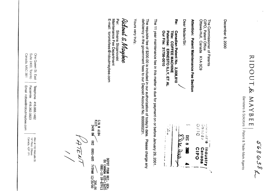 Document de brevet canadien 2008810. Taxes 20001208. Image 1 de 1