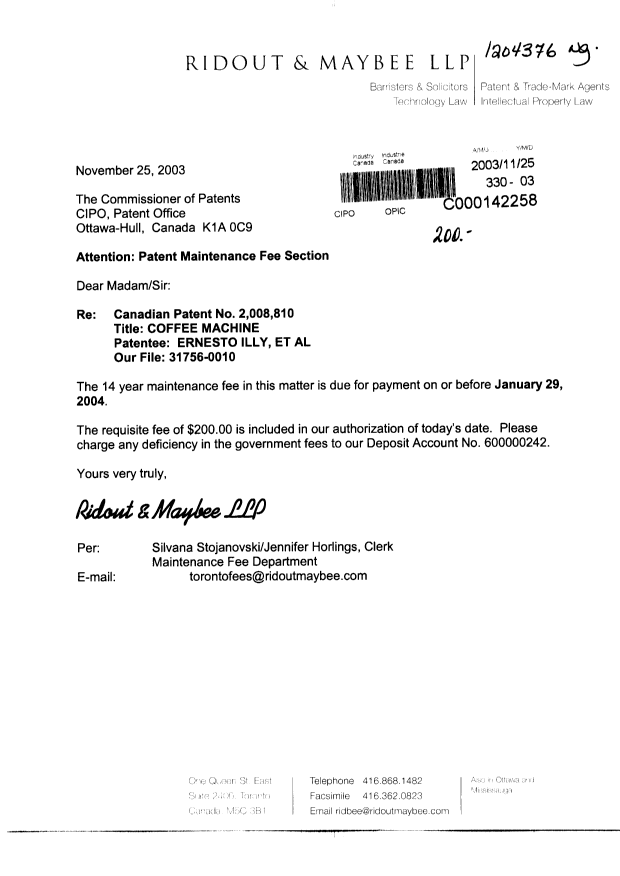 Canadian Patent Document 2008810. Fees 20031125. Image 1 of 1