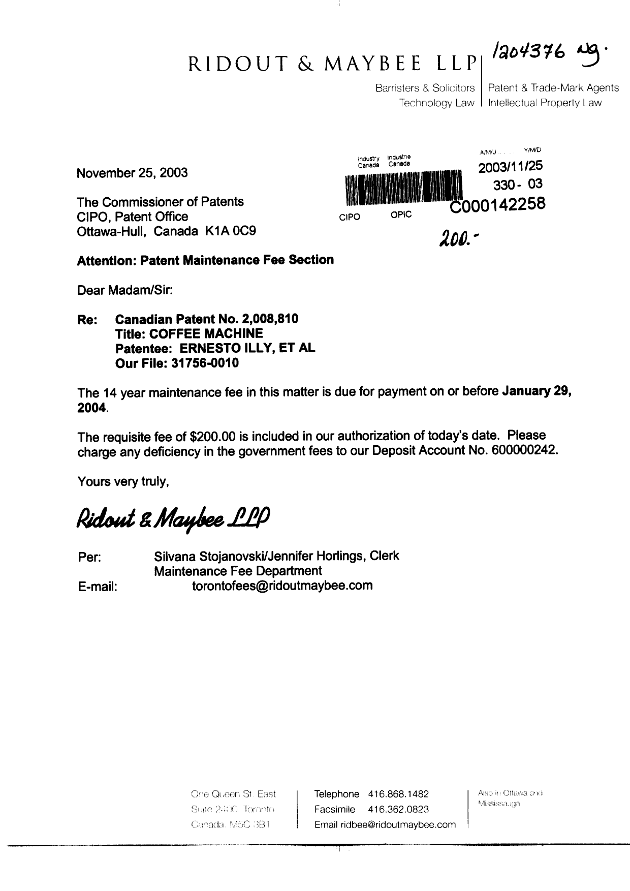 Document de brevet canadien 2008810. Taxes 20031125. Image 1 de 1