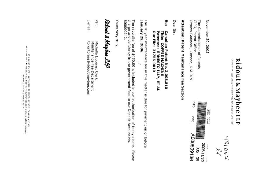 Document de brevet canadien 2008810. Taxes 20051130. Image 1 de 1