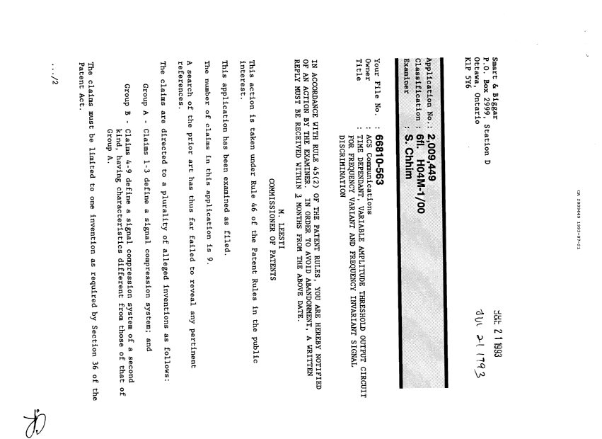 Document de brevet canadien 2009449. Demande d'examen 19930721. Image 1 de 2