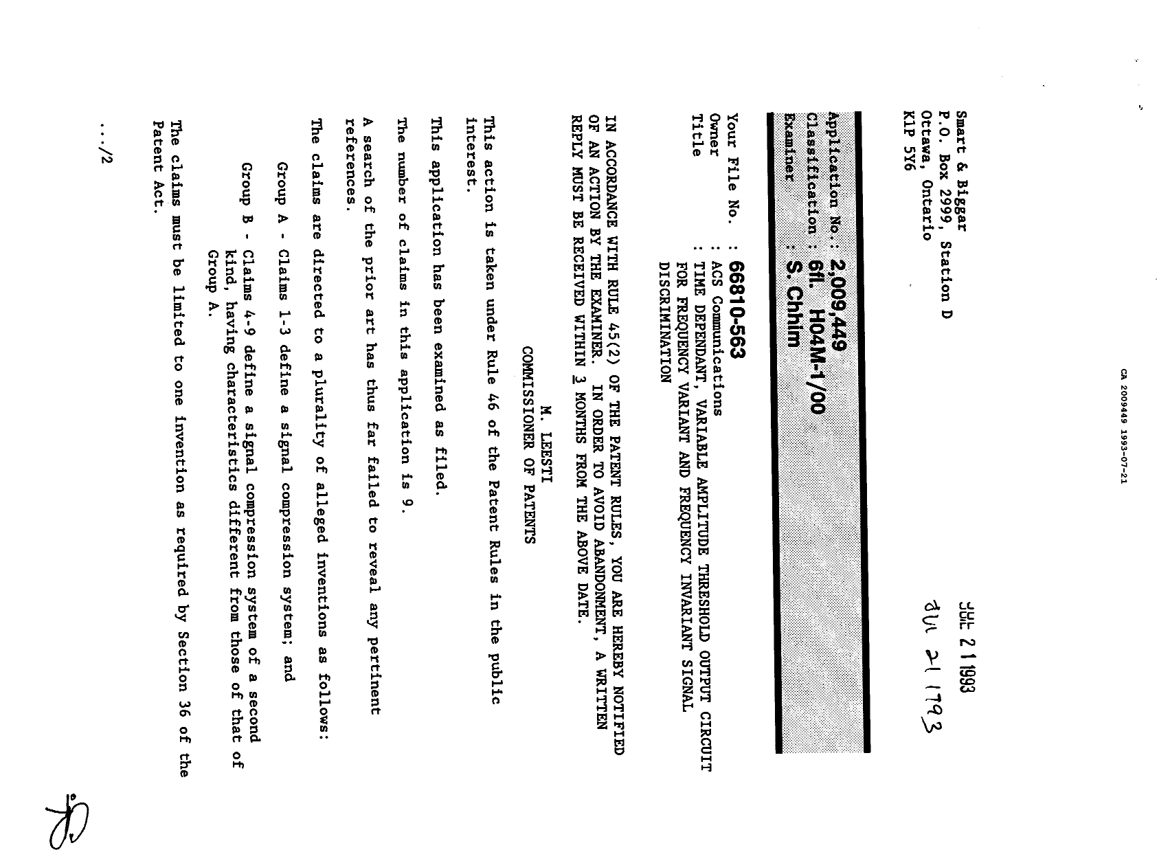 Canadian Patent Document 2009449. Examiner Requisition 19930721. Image 1 of 2
