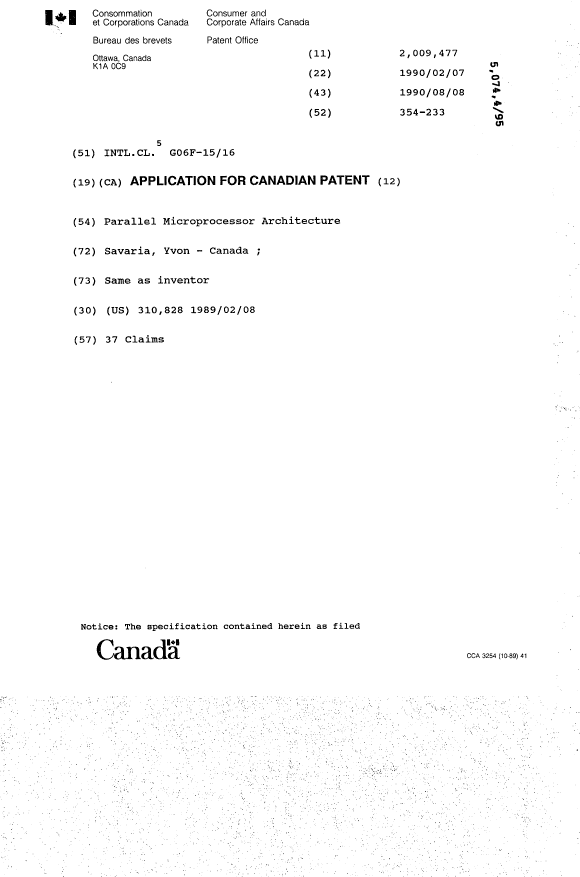 Canadian Patent Document 2009477. Cover Page 19900808. Image 1 of 1