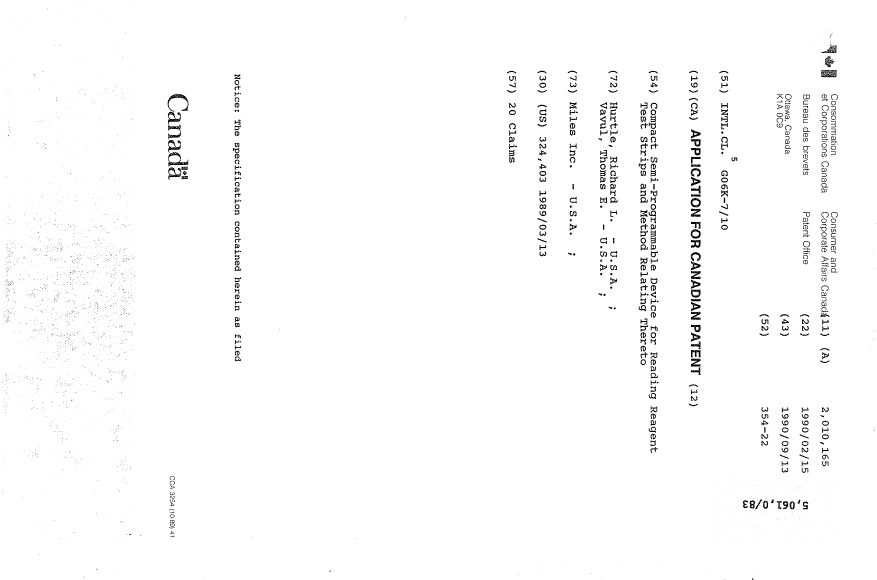 Document de brevet canadien 2010165. Page couverture 19891213. Image 1 de 1