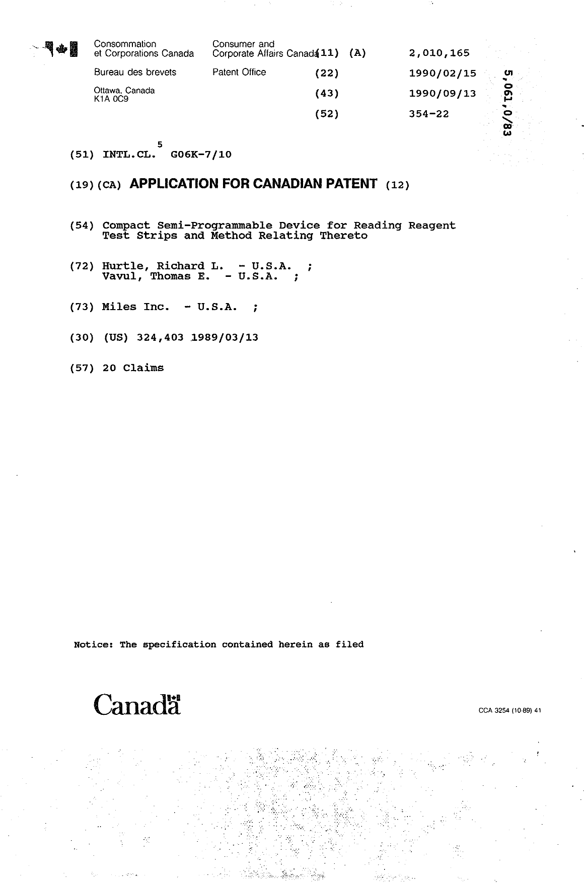 Canadian Patent Document 2010165. Cover Page 19891213. Image 1 of 1