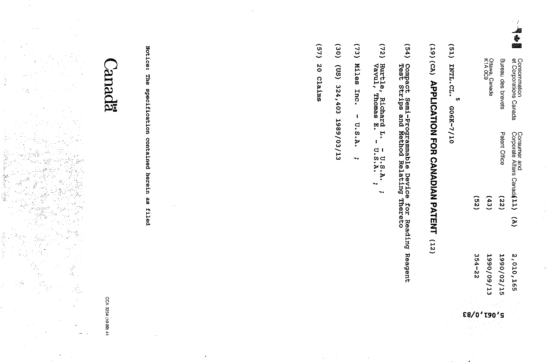 Canadian Patent Document 2010165. Cover Page 19900913. Image 1 of 1