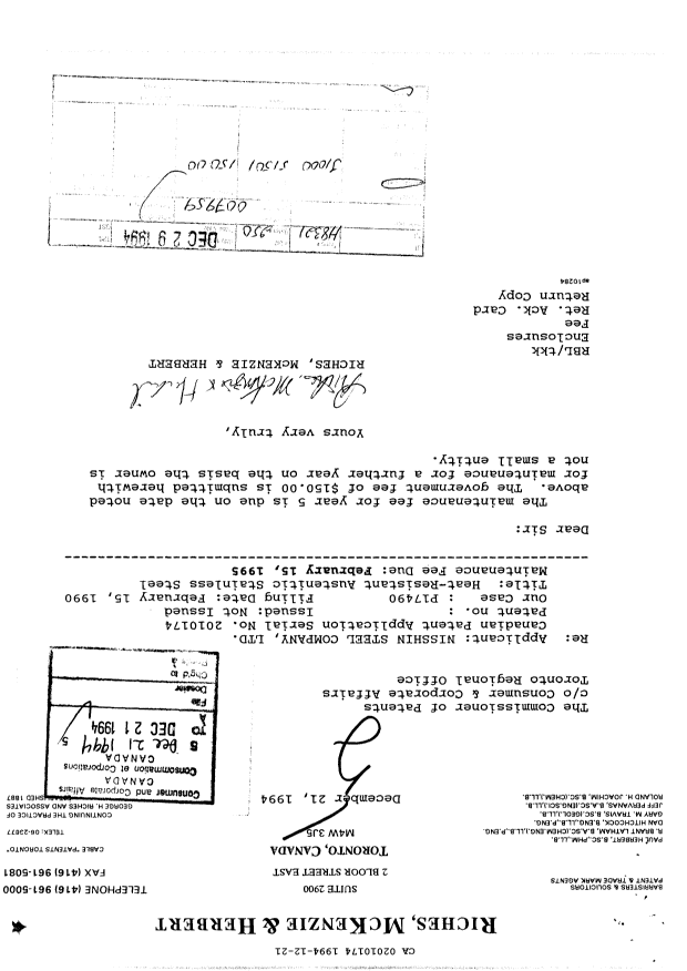 Canadian Patent Document 2010174. Fees 19941221. Image 1 of 1