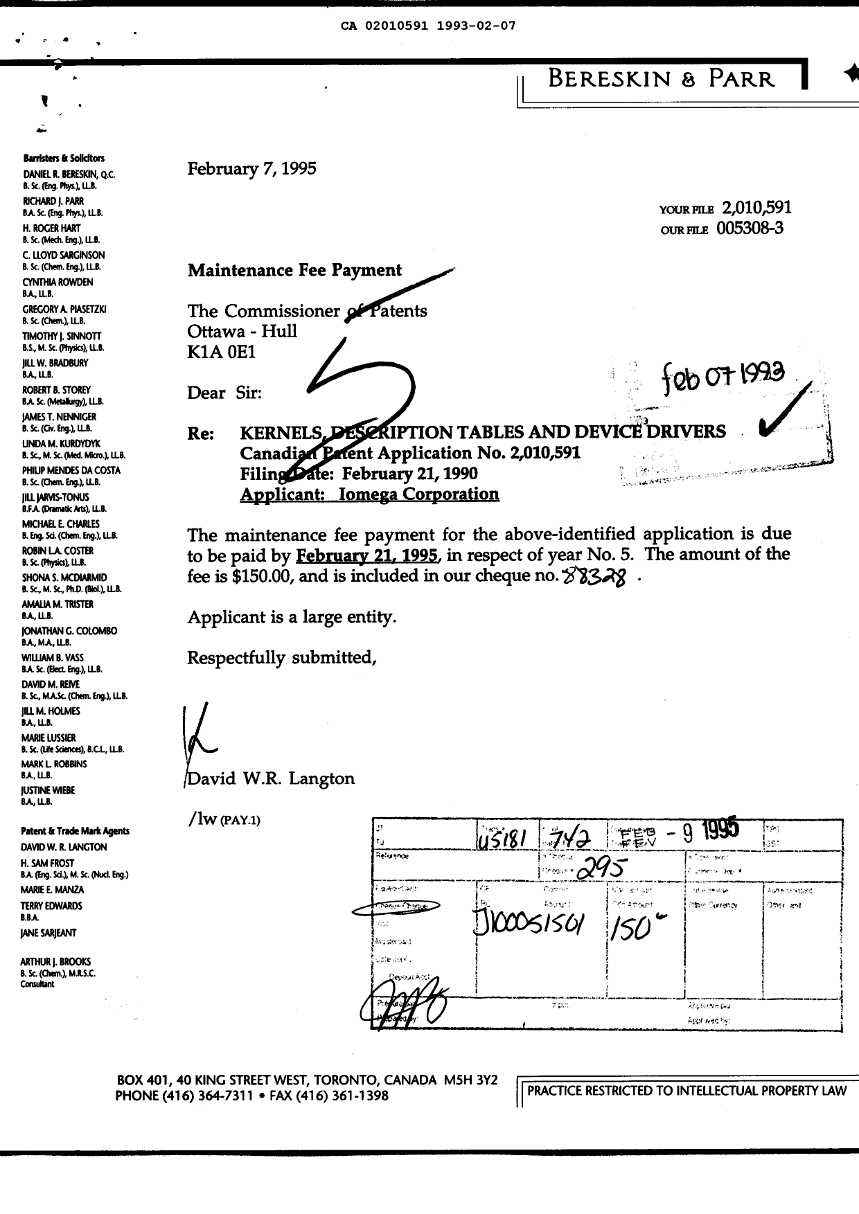 Document de brevet canadien 2010591. Taxes 19930207. Image 1 de 1