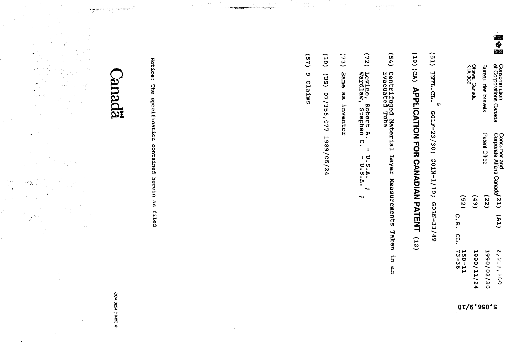 Canadian Patent Document 2011100. Cover Page 19940226. Image 1 of 1