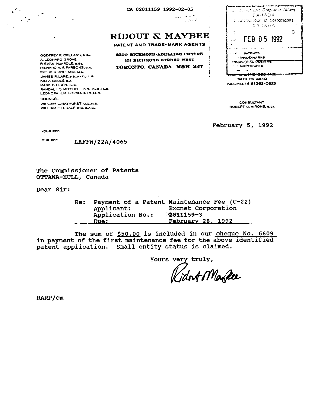 Document de brevet canadien 2011159. Taxes 19920205. Image 1 de 1