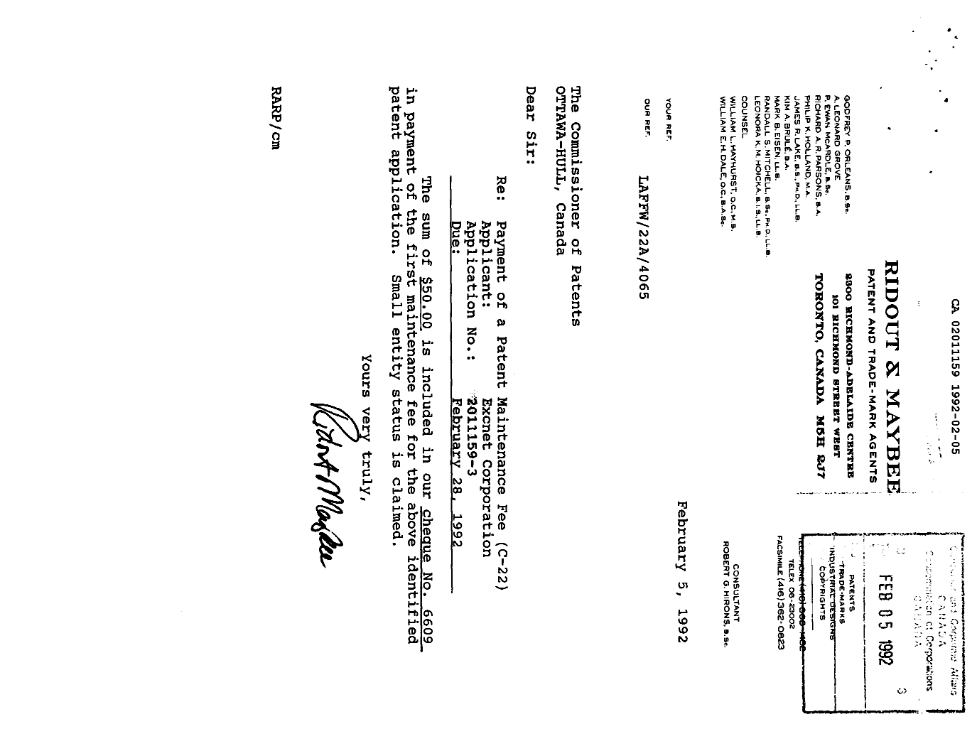 Canadian Patent Document 2011159. Fees 19920205. Image 1 of 1