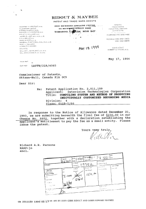 Document de brevet canadien 2011159. Correspondance reliée au PCT 19940517. Image 1 de 2