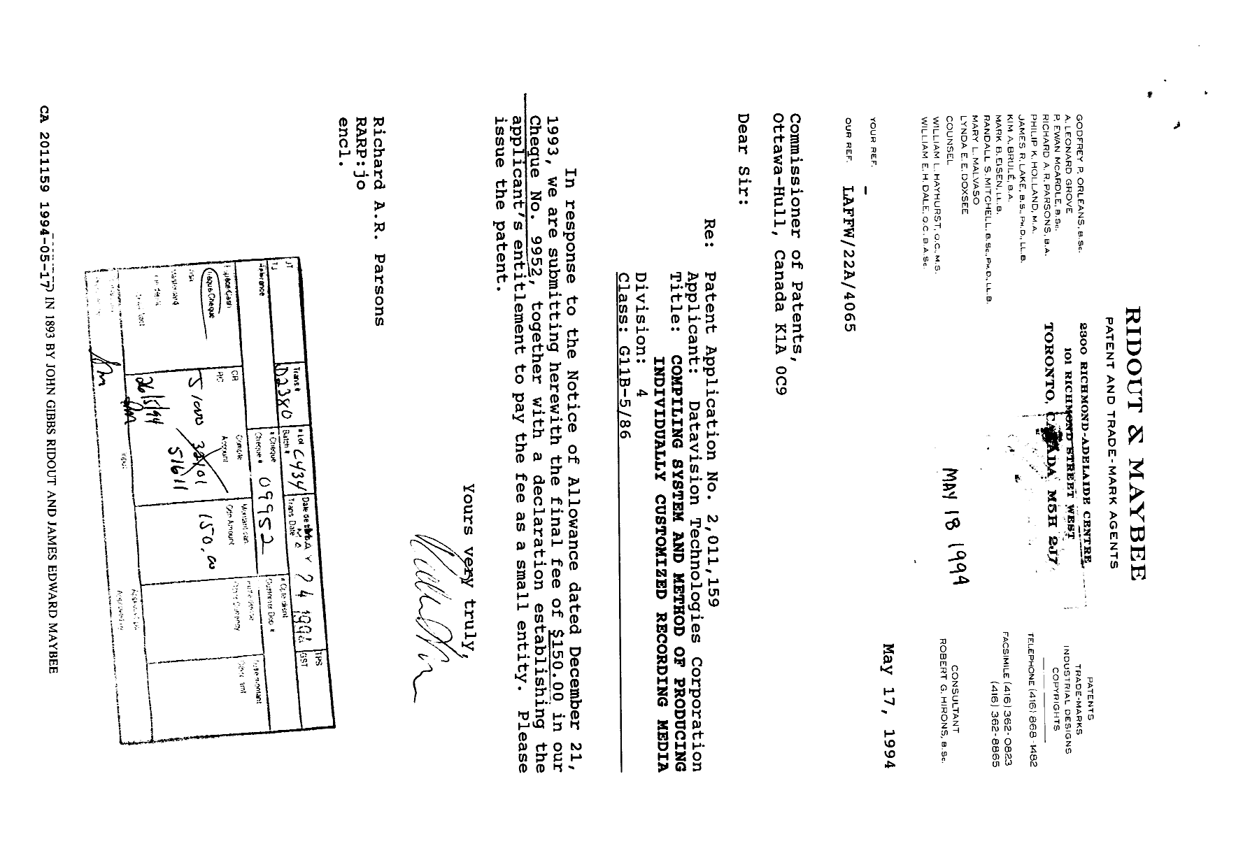 Canadian Patent Document 2011159. PCT Correspondence 19940517. Image 1 of 2