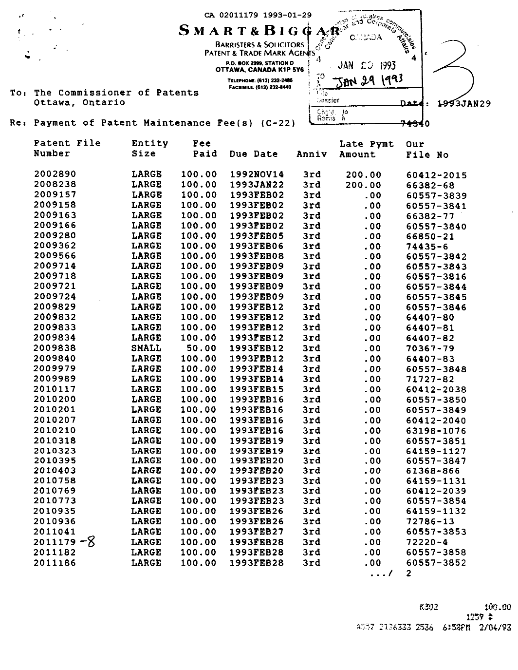 Document de brevet canadien 2011179. Taxes 19930129. Image 1 de 1