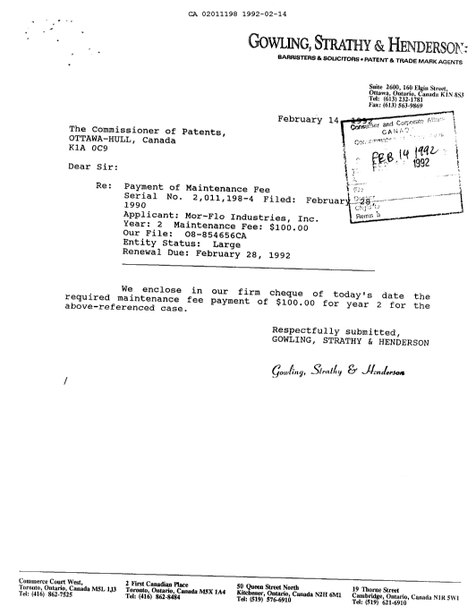 Document de brevet canadien 2011198. Taxes 19920214. Image 1 de 1