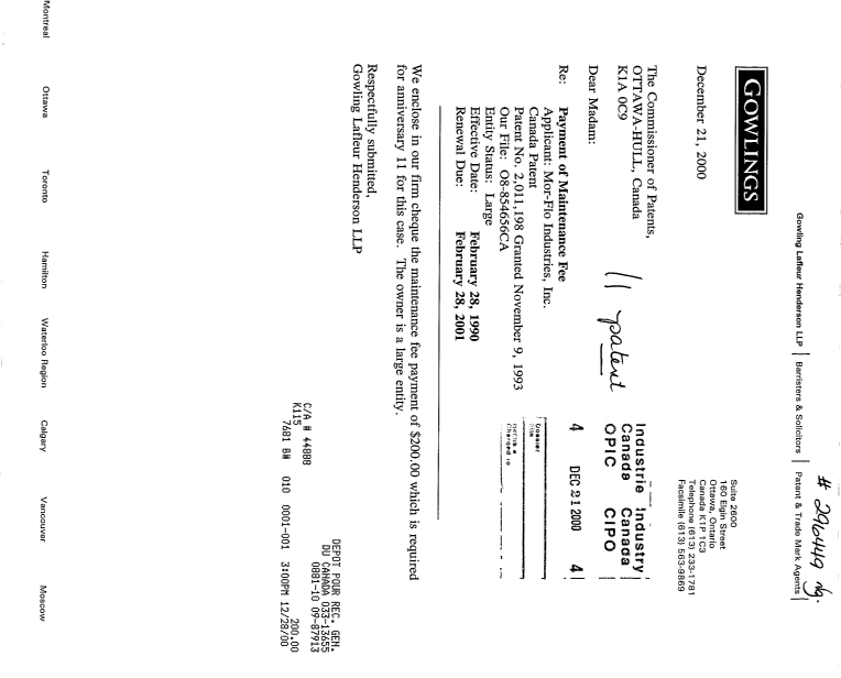 Document de brevet canadien 2011198. Taxes 20001221. Image 1 de 1