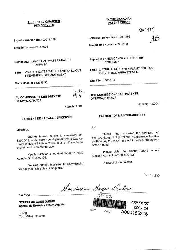 Document de brevet canadien 2011198. Taxes 20040107. Image 1 de 1