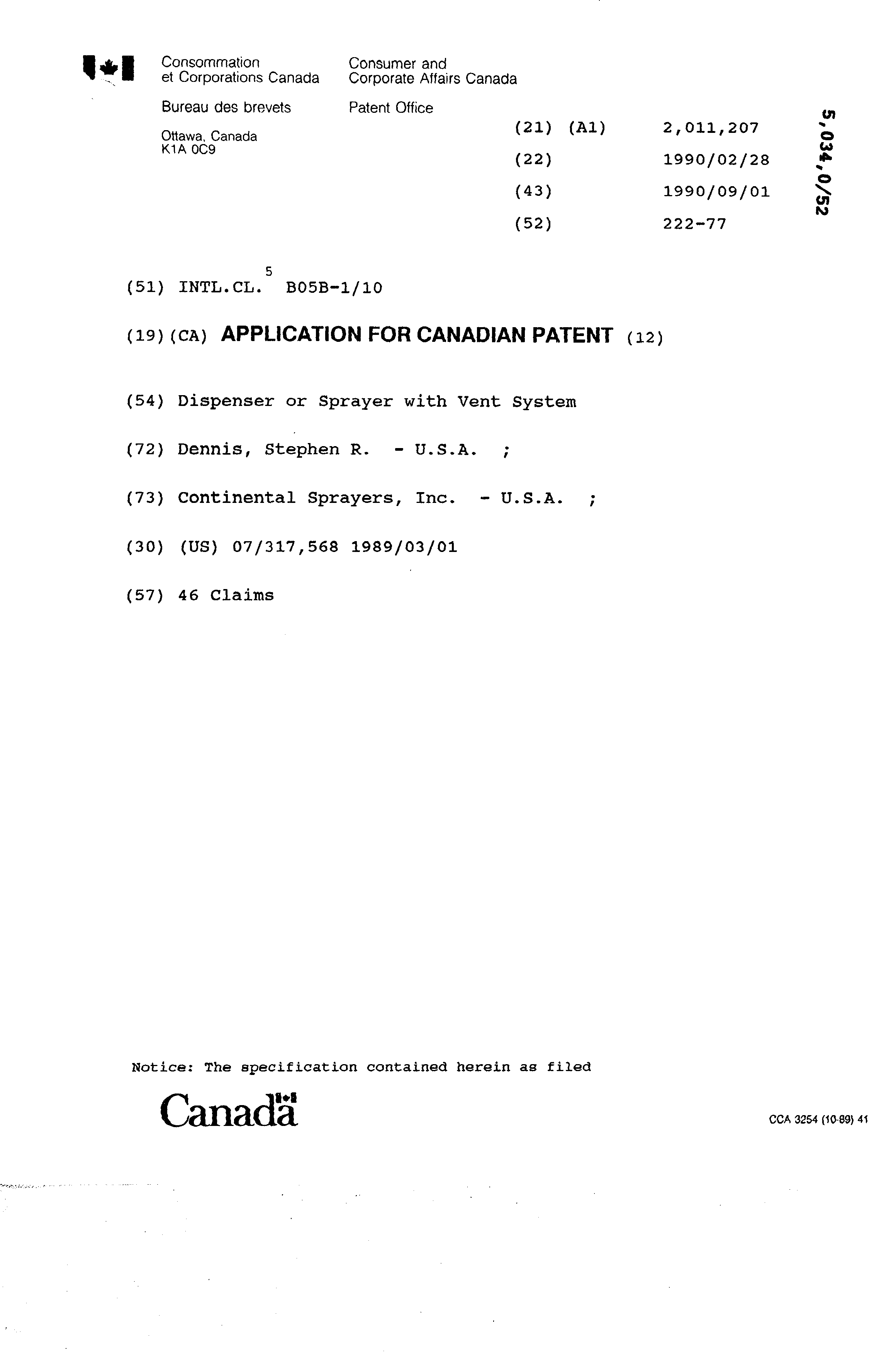 Document de brevet canadien 2011207. Page couverture 19931209. Image 1 de 1