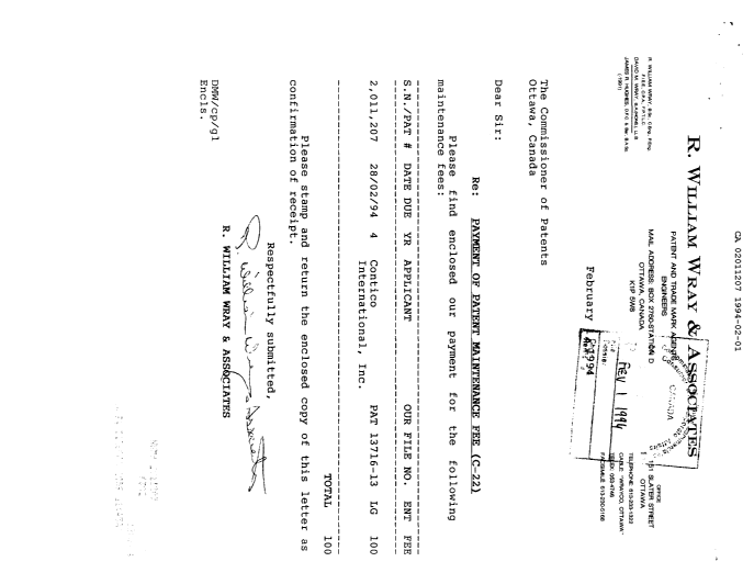 Document de brevet canadien 2011207. Taxes 19940201. Image 1 de 1