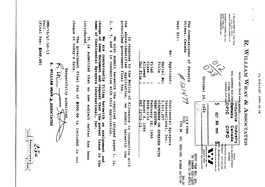Canadian Patent Document 2011207. Correspondence 19991020. Image 1 of 7