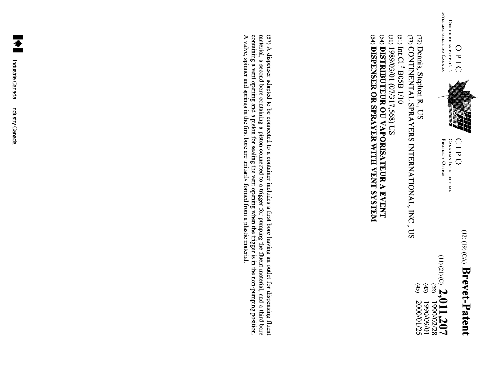 Canadian Patent Document 2011207. Cover Page 20000117. Image 1 of 1