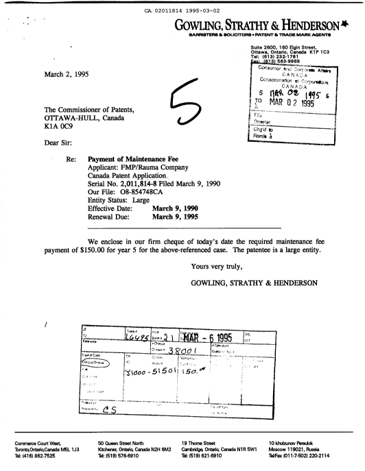 Canadian Patent Document 2011814. Fees 19950302. Image 1 of 1