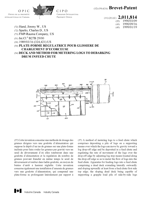 Canadian Patent Document 2011814. Cover Page 19990107. Image 1 of 2
