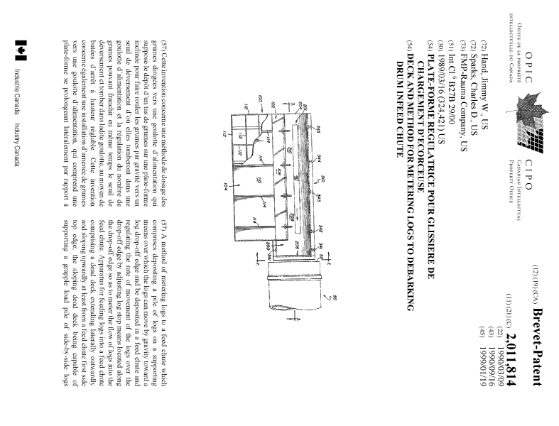 Document de brevet canadien 2011814. Page couverture 19990107. Image 1 de 2