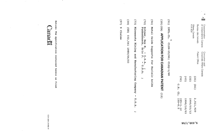Document de brevet canadien 2011929. Page couverture 19901003. Image 1 de 1