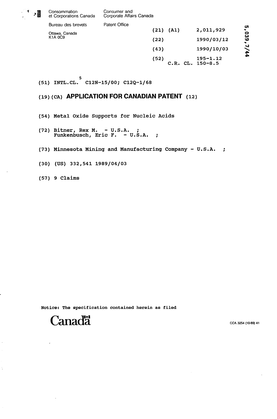 Document de brevet canadien 2011929. Page couverture 19901003. Image 1 de 1