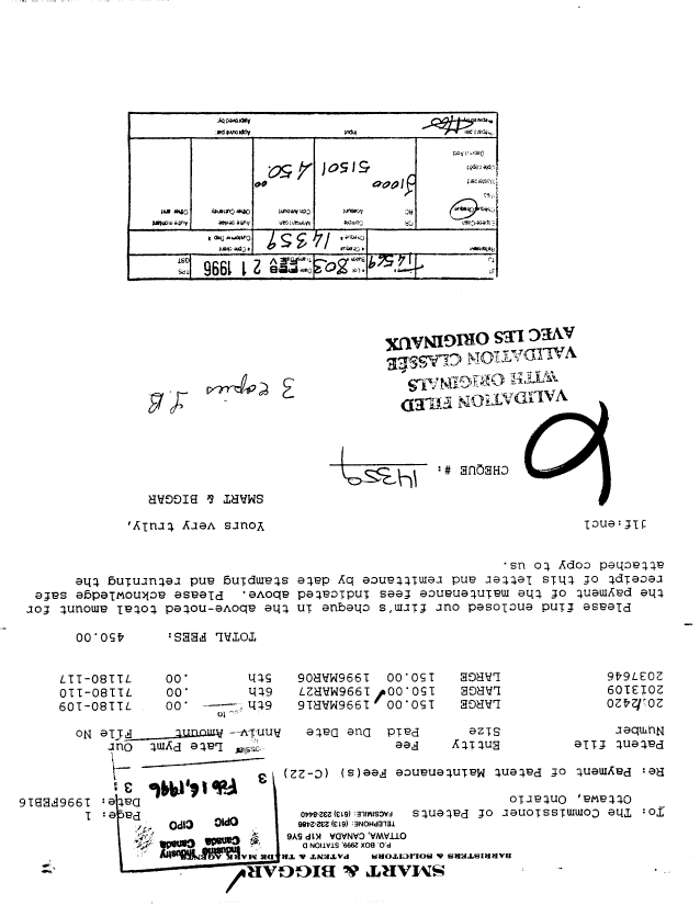 Canadian Patent Document 2013109. Fees 19960216. Image 1 of 1