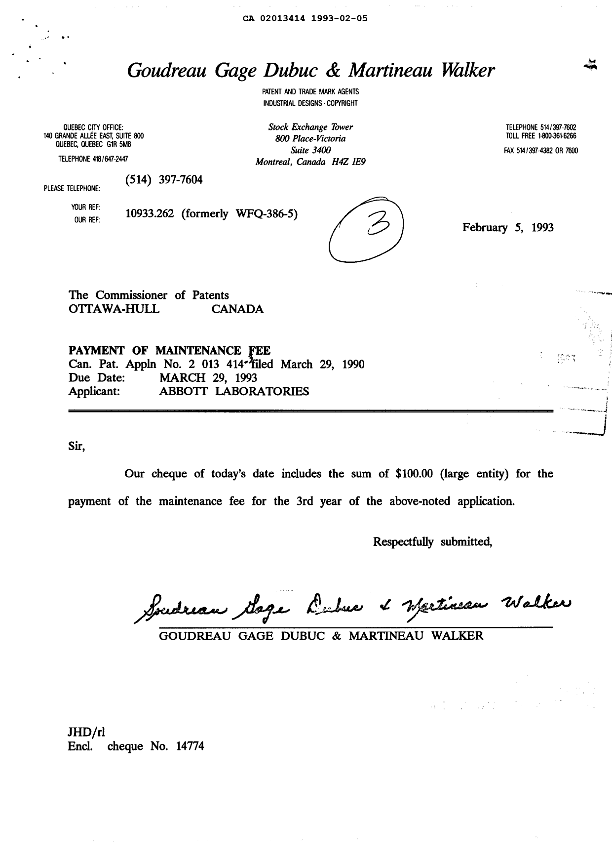 Document de brevet canadien 2013414. Taxes 19930205. Image 1 de 1