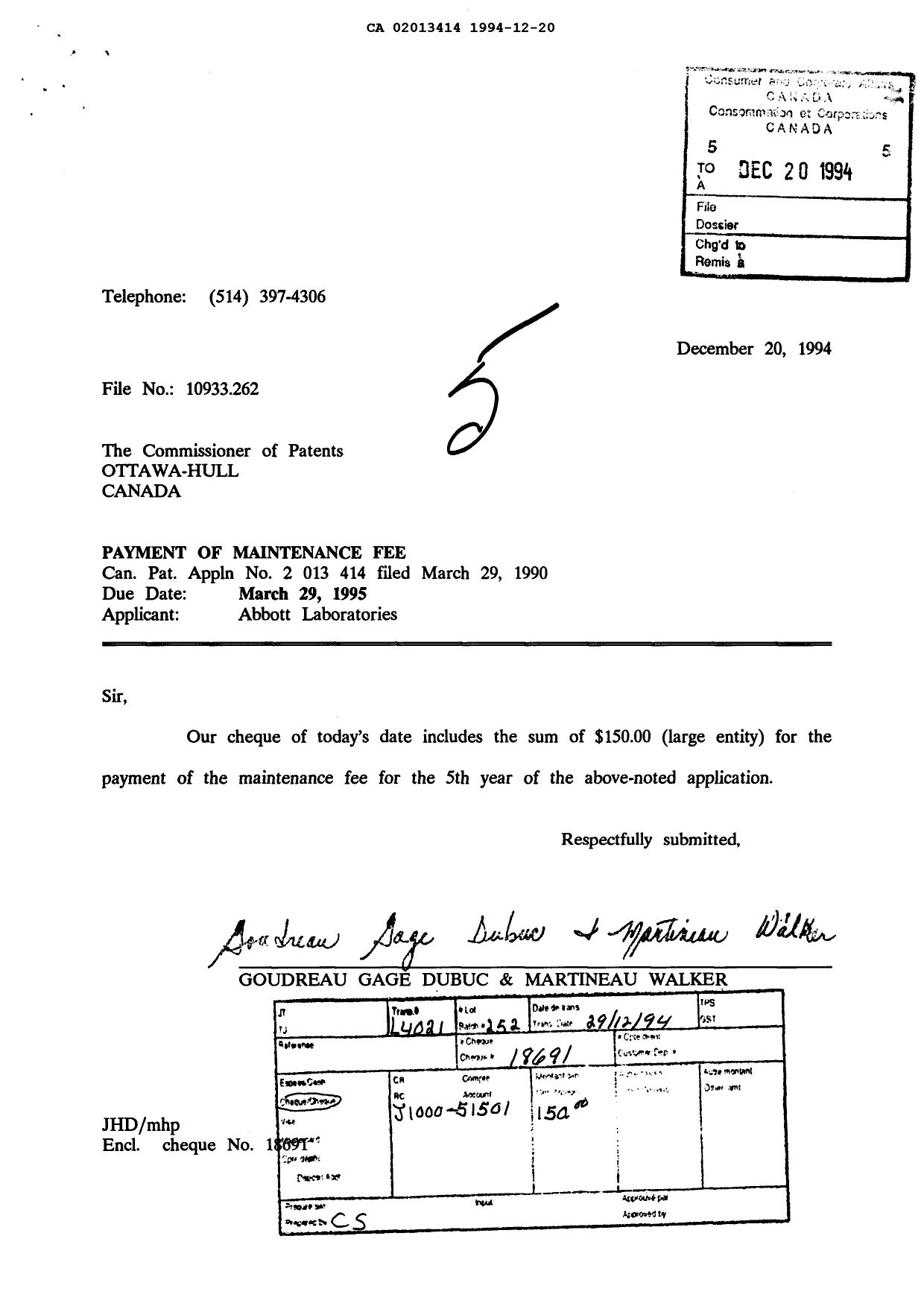 Document de brevet canadien 2013414. Taxes 19941220. Image 1 de 1