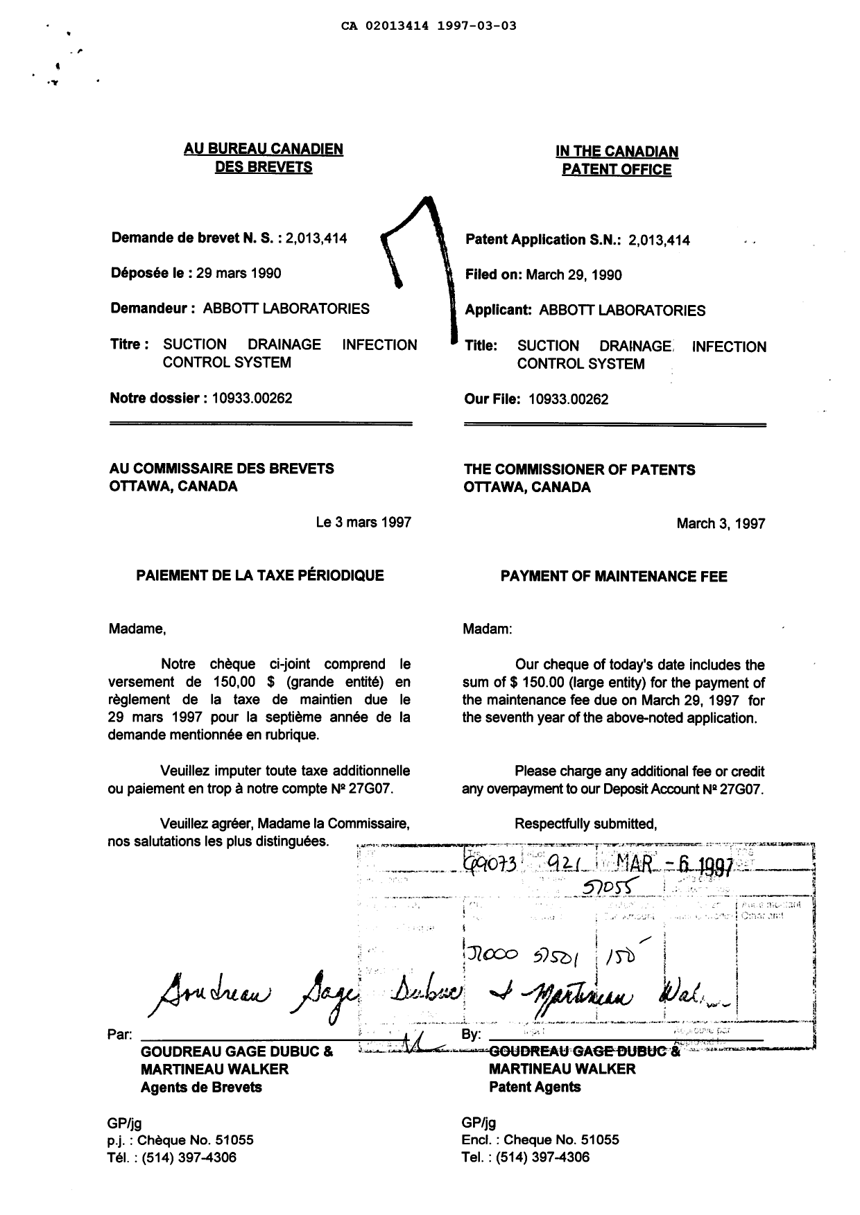 Document de brevet canadien 2013414. Taxes 19970303. Image 1 de 1