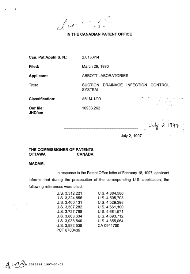 Canadian Patent Document 2013414. Prosecution Correspondence 19970702. Image 1 of 2